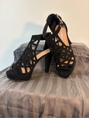 Guilty Heart Black Cutout Platform Ankle-Strap Heels